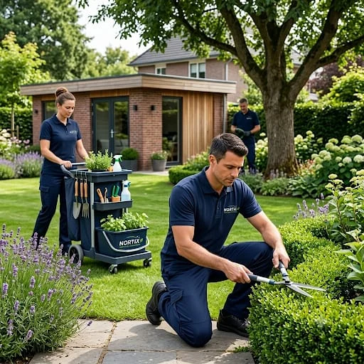Equipo de NORTIX en mantenimiento y poda de jardín